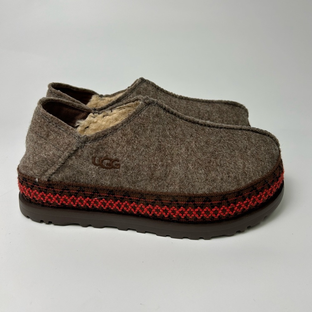 UGG Brown Wool Slip-On Clog with Red Trim